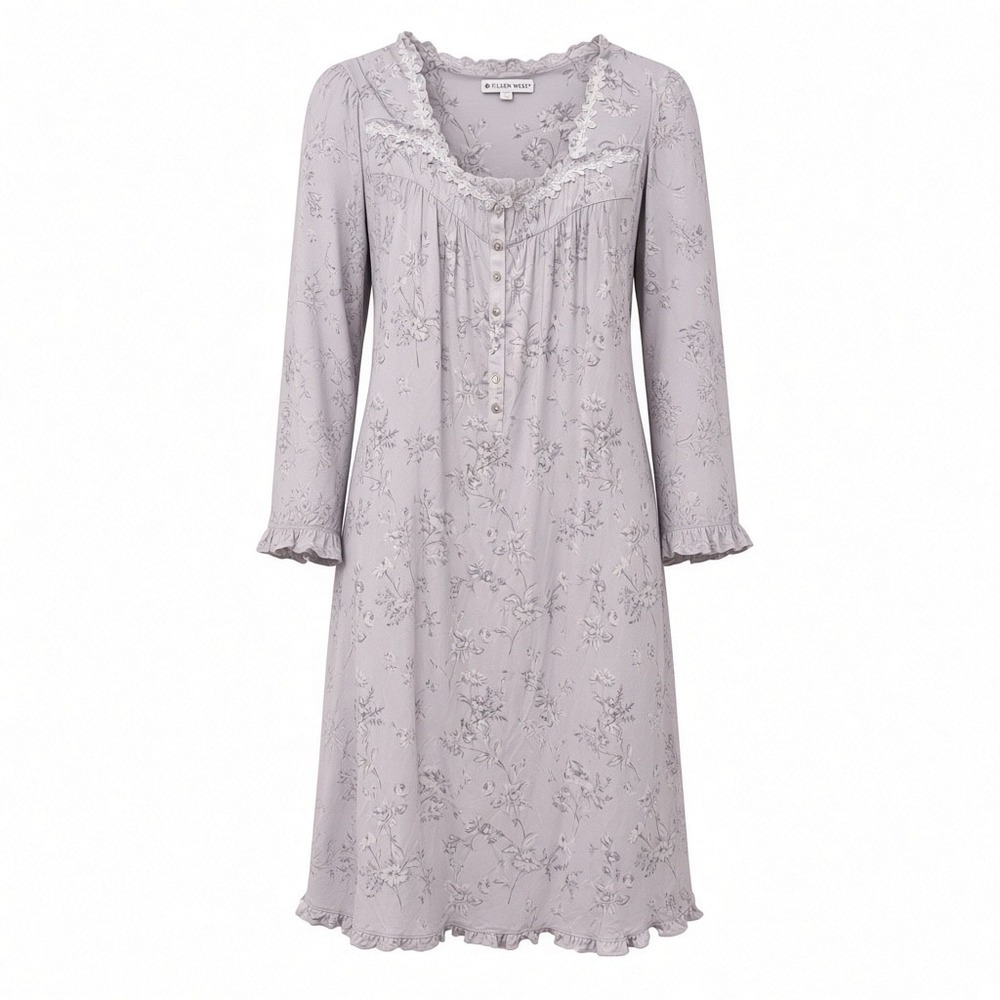 Eileen West Lavender Floral Lace Trim Modal Long Sleeve Nightgown Large